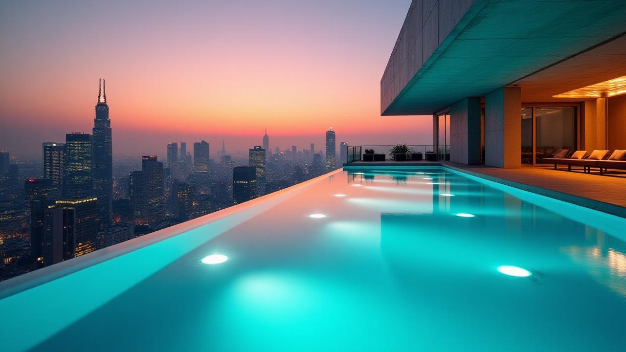 ラグジュアリーなホテルルーフトッププールの俯瞰。エフシアリスによる洗練された施工事例。